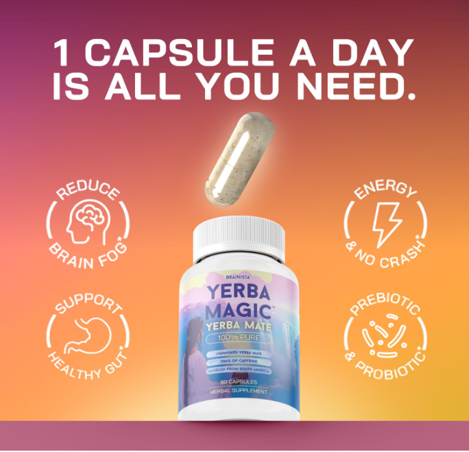 100% Yerba Mate Capsules - Clean Energy, Brain Fog Buster, and Gut Health | Yerba Magic Natural Caffeine with 30 Servings