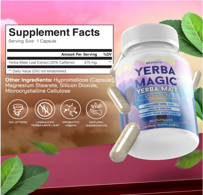 100% Yerba Mate Capsules - Clean Energy, Brain Fog Buster, and Gut Health | Yerba Magic Natural Caffeine with 30 Servings