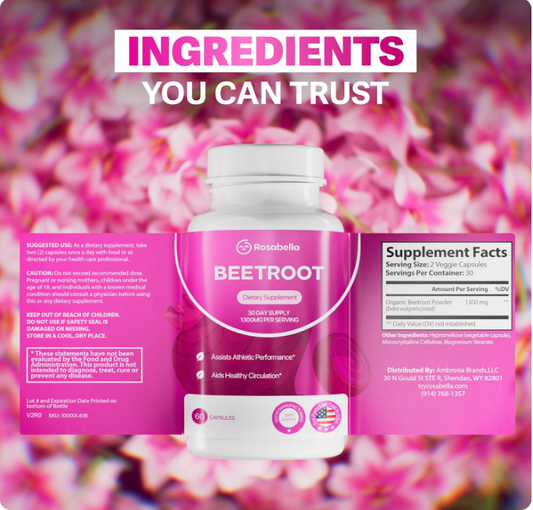 Rosabella Organic Beet Root Capsules – 1300mg Beetroot Powder for Natural Energy & Endurance Support, Non-GMO, Lab-Tested Beet Supplement - 60 Capsules, 30-Day Supply