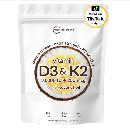 Vitamin D3 10000 iu Plus K2 (MK-7) 200 mcg, 300 Virgin Coconut Oil Softgels| 2 in 1 Vitamins D & K Complex | Supports Calcium Absorption, Bone, Immune, & Heart Health – Easy to Swallow